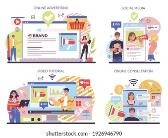Advertsing and PR online service or platform set. Commercial advertisement and communication with customer. Onlline advertising, consultation, social media, video tutorial. Flat vector illustration