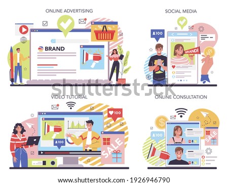 Advertsing and PR online service or platform set. Commercial advertisement and communication with customer. Onlline advertising, consultation, social media, video tutorial. Flat vector illustration