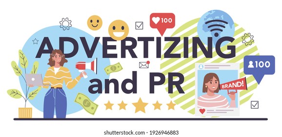 Advertsing and PR typographic header. Commercial advertisement and communication with customer through the Internet. Marketing campaign and influencer promotion. Flat vector illustration