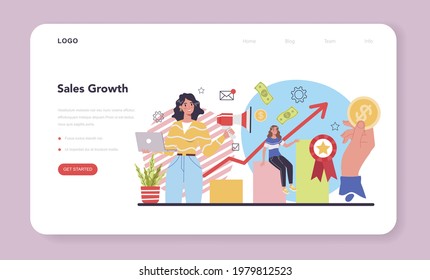 Advertsing and PR web banner or landing page. Commercial advertisement and communication with customer through the Internet. Marketing campaign and influencer promotion. Flat vector illustration