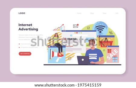 Advertsing and PR web banner or landing page. Commercial advertisement and communication with customer through the Internet. Marketing campaign and influencer promotion. Flat vector illustration