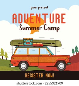 Adveture Summer Camp Social media post template with vintage camper car. Classic camping invitation card design. Stock vector poster graphics