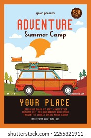 Adveture Summer Camp Social media flyer template with vintage camper car. Classic camping invitation card design. Stock vector poster graphics