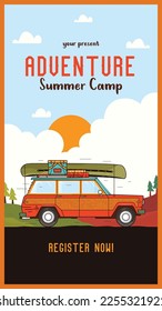 Adveture Summer Camp Social media stories template with vintage camper car. Classic camping invitation card design. Stock vector poster graphics