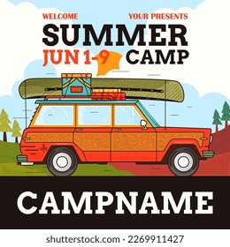 Adveture Summer Camp Social media post template with retro camper car. Classic camping invitation card design. Stock vector poster graphics