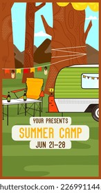 Adveture Summer Camp Social media post template with RV Trailer. Classic camping invitation stories design. Stock vector poster graphics