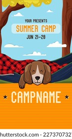 Adveture Summer Camp Social media post template with sleeping dog and landcsape. Classic camping invitation stories design. Stock vector poster graphics