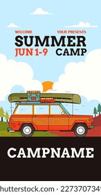 Adveture Summer Camp Social media post template with retro camper car. Classic camping invitation stories design. Stock vector poster graphics