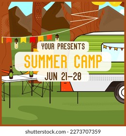 Adveture Summer Camp Social media post template with RV Trailer. Classic camping invitation card design. Stock vector poster graphics