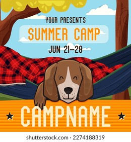 Adveture Summer Camp Social media post template with sleeping dog and landcsape. Classic camping invitation card design. Stock vector poster graphics