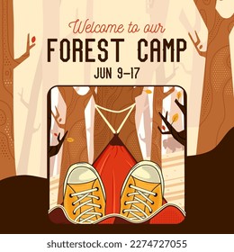 Adveture Summer Camp Social media post template with camper chilling in hammock in the forest. Classic camping invitation card design. Stock vector poster graphics