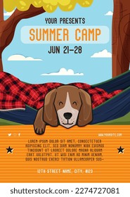 Adveture Summer Flyer. Camping Social media post template with sleeping dog and landcsape. Classic camping invitation card design. Stock vector poster graphics