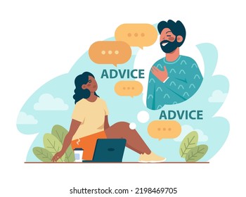 Advice Concept. Character Or Employee Giving Or Taking A Piece Of Advice. Somebody's Opinion About What Person Should Do Or How You Should Act In A Situation. Flat Vector Illustration