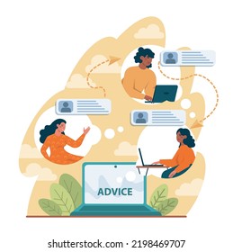 Advice Concept. Character Or Employee Giving Or Taking A Piece Of Advice. Somebody's Opinion About What Person Should Do Or How You Should Act In A Situation. Flat Vector Illustration