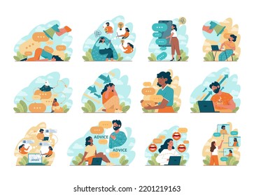 Advice Concept Set. Character Or Employee Giving Or Taking A Piece Of Advice. Somebody's Opinion About What Person Should Do Or How You Should Act In A Situation. Flat Vector Illustration