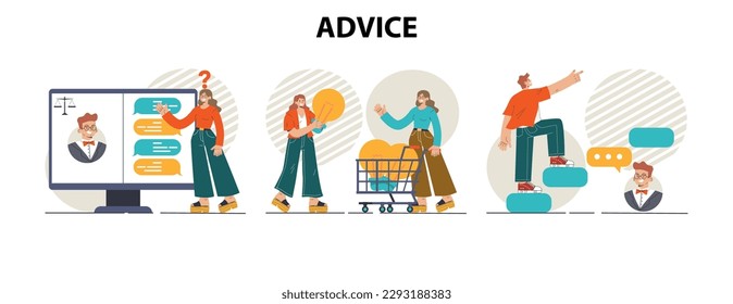 Conjunto de conceptos de asesoramiento. Personaje o empleado dando o dando un consejo. La opinión de alguien sobre una situación. Consulta de carrera, negocios o psicoterapia. Ilustración vectorial plana