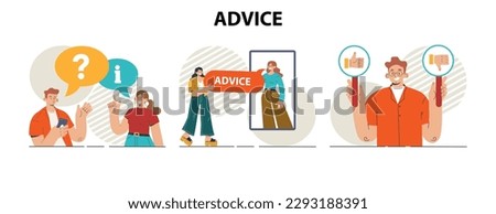 Advice concept set. Character or employee giving or taking a piece of advice. Somebody's opinion on a situation. Career, business or psychotherapy consultation. Flat vector illustration