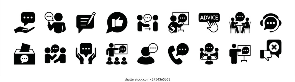 Advice, consultant, suggestion and proposal icon vector set. Contains write, thumbs up, give, button, support, helpdesk, box, information, instruction, hot line, assistance - illustration