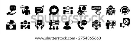 Advice, consultant, suggestion and proposal icon vector set. Contains write, thumbs up, give, button, support, helpdesk, box, information, instruction, hot line, assistance - illustration