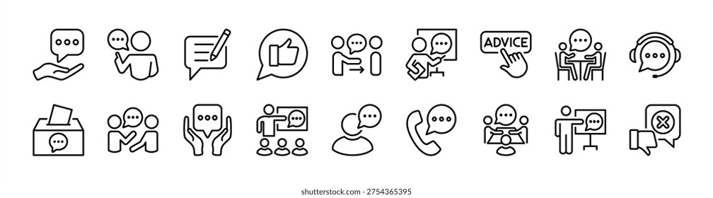Advice, consultant, suggestion and proposal thin line icon set. Contains write, thumbs up, give, button, support, helpdesk, box, information, instruction, hot line, assistance - vector illustration