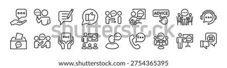 Advice, consultant, suggestion and proposal thin line icon set. Contains write, thumbs up, give, button, support, helpdesk, box, information, instruction, hot line, assistance - vector illustration