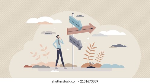 Advice for direction and business or personal solution guidance tiny person concept. Assistance for destination choice and searching for self development path vector illustration. Lost and confused.