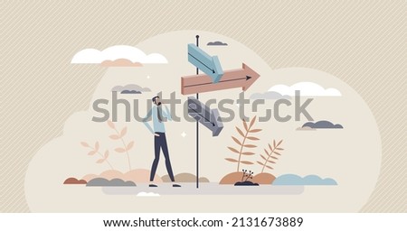 Advice for direction and business or personal solution guidance tiny person concept. Assistance for destination choice and searching for self development path vector illustration. Lost and confused.