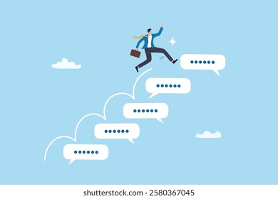 Advice, discussion talking, guidance, tips or suggestion for business success, help, wisdom, feedback to help develop improvement concept, businessman walk up speech bubble as stair to reach success.