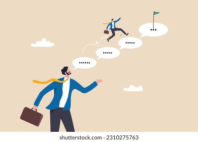 Advice or effective feedback to motivate to success, comment, opinion for career improvement, help or communication to support employee concept, businessman jump on speech bubble advice to success.