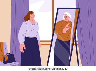 Advice from the future. Young woman stand in room and look at mirror self reflection in old age. Grandmother support girl, life time feels, kicky vector concept