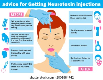 Advice for getting neurotoxin injections. Infographics. Vector illustration of woman having facial injection. Vector infographics design template. Beauty, cosmetology, anti-aging concept.