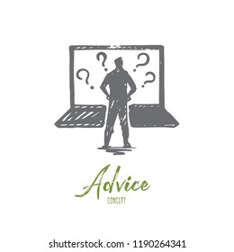 Advice, idea, business, solution, question concept. Hand drawn man standing in front of laptop with questions on monitor concept sketch. Isolated vector illustration.