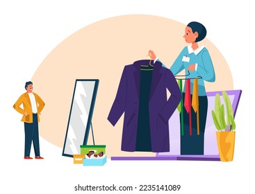 Advice for man outfit, personal stylist service, vector illustration, tiny person client character stand near mirror, shopping in style store.