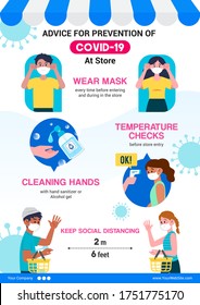 Advice for prevention of COVID-19 at store infographic poster design. vector illustration 