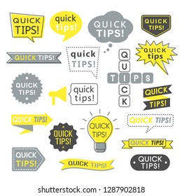 Advice, Quick Tips, Helpful Tricks And Suggestions Logos, Emblems And Banners Isolated On White. Helpful Idea, Solution And Trick Illustration For Books, Magazine, Website Or Typographic Materials.