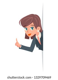 Advice solution look out corner businesswoman cute female consultation manager creative business help idea finger up woman character design cartoon isolated on white vector illustration