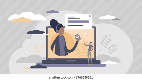 Advice as support answer with successful solution flat tiny person concept. Problem assistance with knowledge help in unclear situation vector illustration. Question communication to get information.