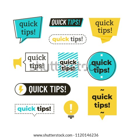 Advice, tip, quick tips, helpful tricks and suggestions vector logos, emblems and banners vector set isolated. Advice and message, badge phrase exclamation illustration