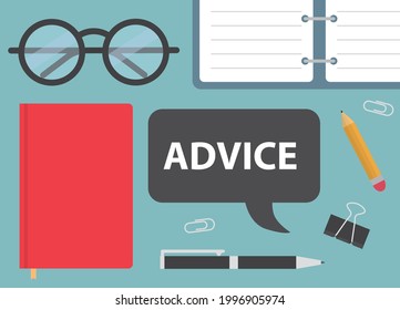 advice written on speech bubble on office desk- vector illustration