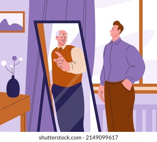 Advice young from old. Man looking at mirror and see yourself senior in future. Lifetime metaphor, self realization and support. Psychology kicky vector concept