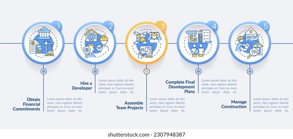 Plantilla infográfica de consejos para el desarrollo de la vivienda. Visualización de datos con 5 pasos. Gráfico de información de línea de tiempo editable. Diseño de flujo de trabajo con iconos de línea. Lato-Bold, fuentes regulares usadas