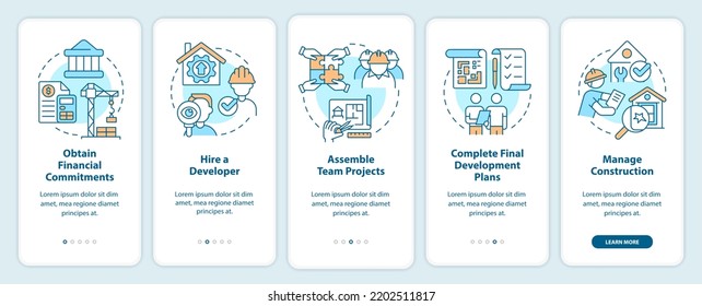 Advices for housing development onboarding mobile app screen. Walkthrough 5 steps editable graphic instructions with linear concepts. UI, UX, GUI template. Myriad Pro-Bold, Regular fonts used