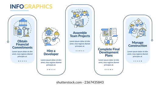Advices for housing development rectangle infographic template. Data visualization with 5 steps. Editable timeline info chart. Workflow layout with line icons. Lato-Bold, Regular fonts used