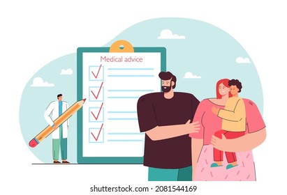 Advices and prescription of tiny doctor on family consultation. Medical care for father, mother and child flat vector illustration. Family doctor concept for banner, website design or landing web page