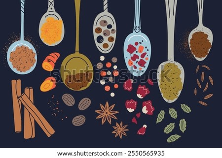 Advieh spice blend, vector illustration collection with cinnamon, cardamom, turmeric, nutmeg, cumin, and cloves in vintage spoons. Flat cartoon style, doodle design, Persian aromatic seasoning