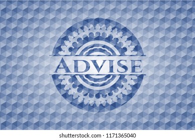 Advise blue badge with geometric background.