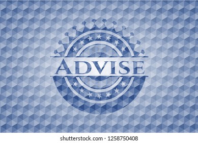 Advise blue emblem or badge with abstract geometric polygonal pattern background.