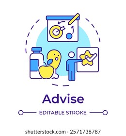 Advise multi color concept icon. Healthy food, healthcare. Strategy, plan. Goal setting. Round shape line illustration. Abstract idea. Graphic design. Easy to use in infographic, presentation