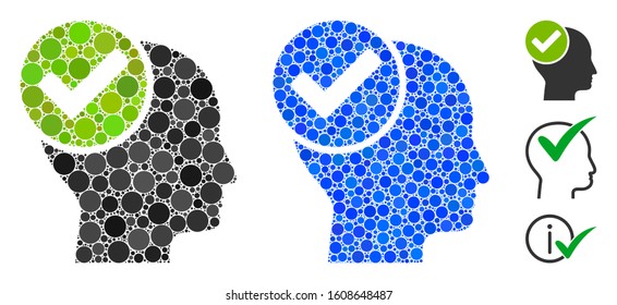Advised mosaic of circle elements in various sizes and color tinges, based on advised icon. Vector circle elements are composed into blue composition. Dotted advised icon in usual and blue versions.