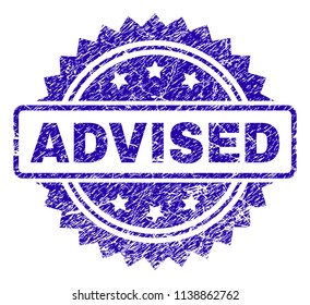 ADVISED stamp imprint with dirty style. Blue vector rubber seal print of ADVISED caption with dirty texture.